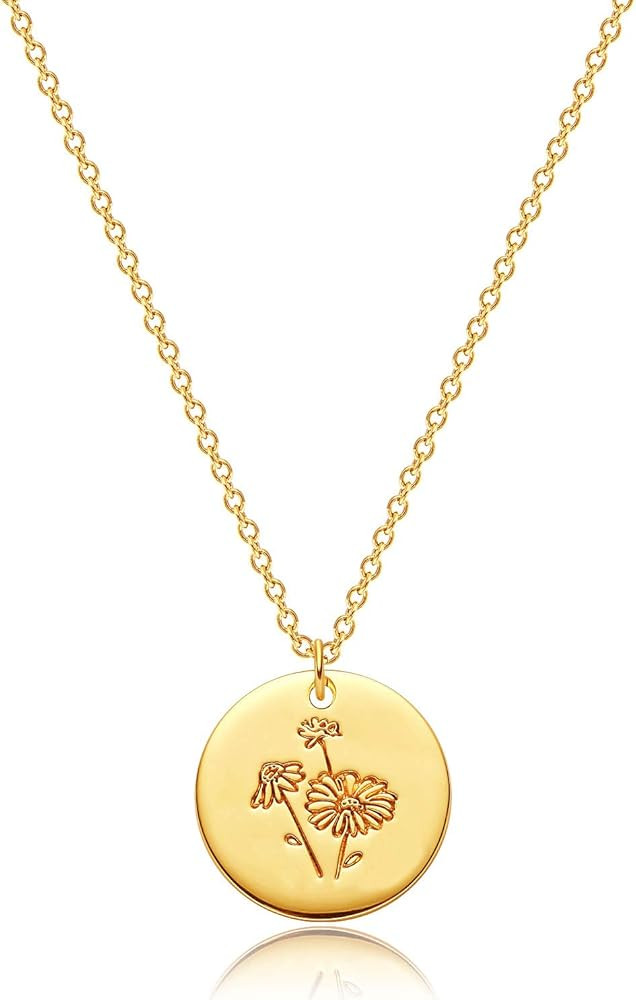 Mevecco Birth Flower Necklace 18k Gold Engraved Custom Floral Pendant Necklaces Dainty Birth Mont... | Amazon (US)
