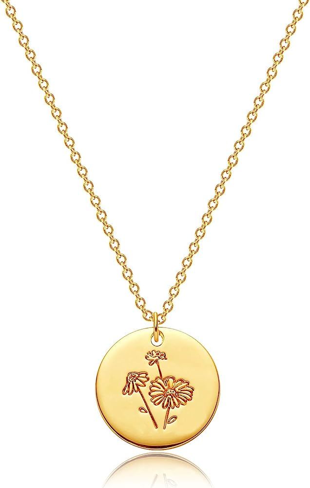 Mevecco Birth Flower Necklace 18k Gold Engraved Custom Floral Pendant Necklaces Dainty Birth Month F | Amazon (US)