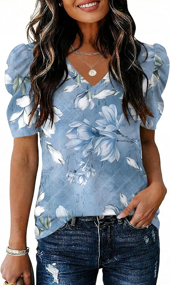 IECCP Women V Neck T Shirts Puff Short Sleeve Tops Fashion Dressy Casual Tunic Loose Fit Blouses | Amazon (US)