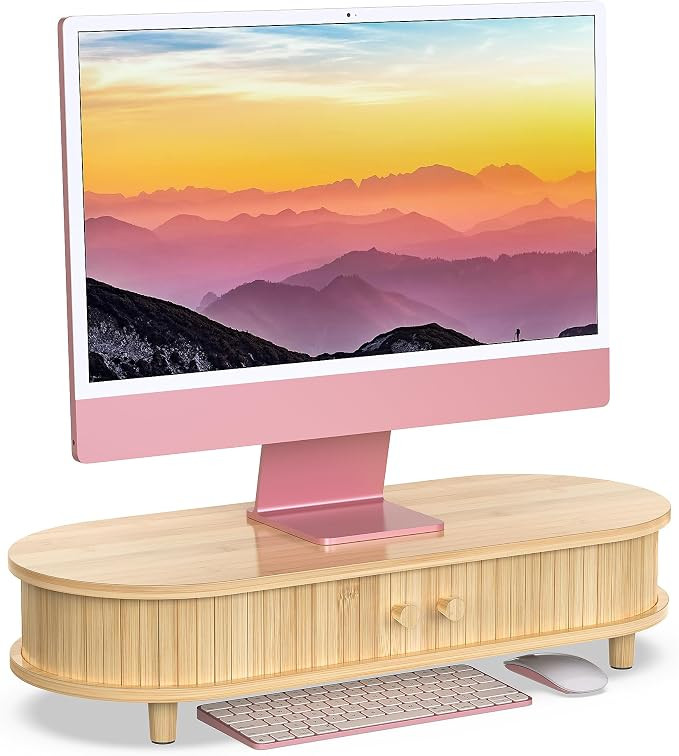 Bamboo Monitor Stand with Storage, 25 Inch Desk Shelf Riser | Curved Computer Laptop Stand Desk S... | Amazon (US)