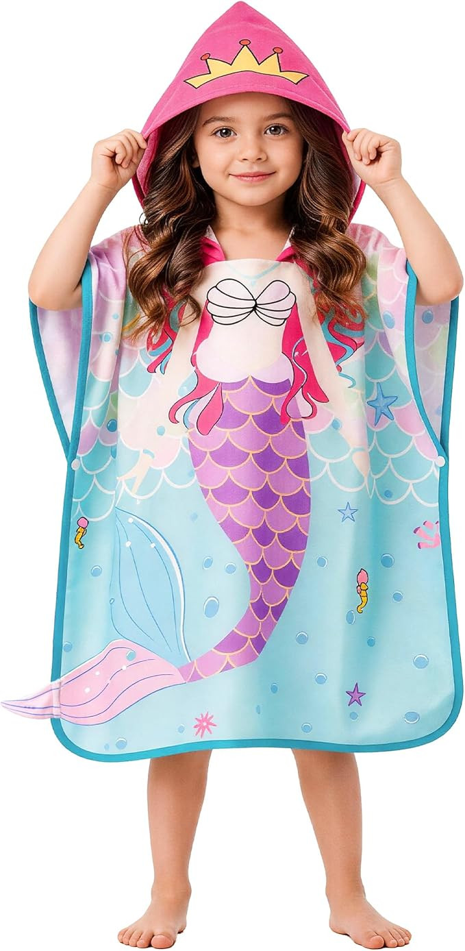 LOLANTA Kids Bath Towels Mermaid Terry Cloth Pool Poncho Swim Cover Up Toddler Beach Towel Girls ... | Amazon (US)