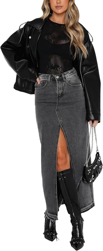 Women Long Denim Skirt Front Slit Maxi Skirt Y2K Fashion Streetwear High Waist Jean Skirt with Po... | Amazon (US)