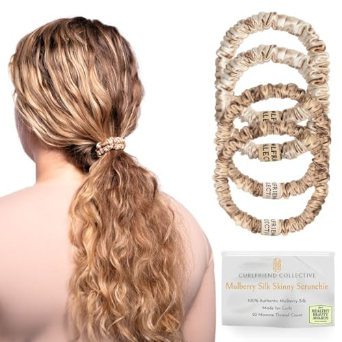 Authentic Mulberry Silk Skinny Hair Match Scrunchies for Women, Anti Breakage Hair Ties for Curly Thick & Thin Hair, 100% Silk for Buns, Sleep & Ponytail, Platinum/Warm Blonde (4 Pack) | Amazon (US)