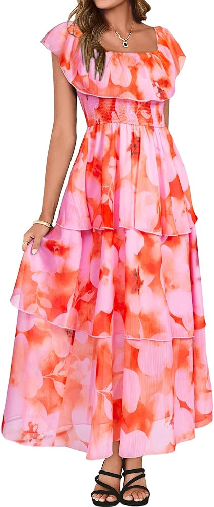 Simplee Womens Floral Wedding Guest Dress Spring Summer 2026 Chiffon Boho Off Shoulder Smocked Ti... | Amazon (US)