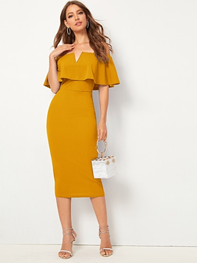 SHEIN Notch Neck Flounce Foldover Bardot Pencil Dress | SHEIN