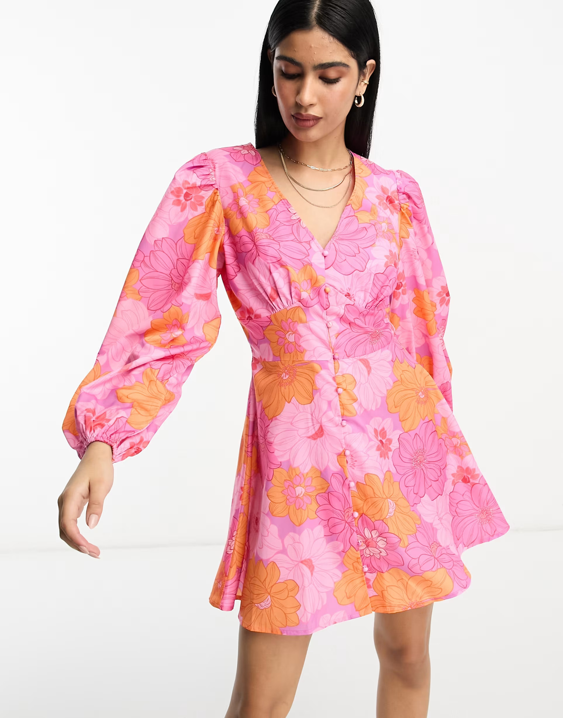 In The Style button through volume sleeve mini skater dress in pink floral | ASOS (Global)