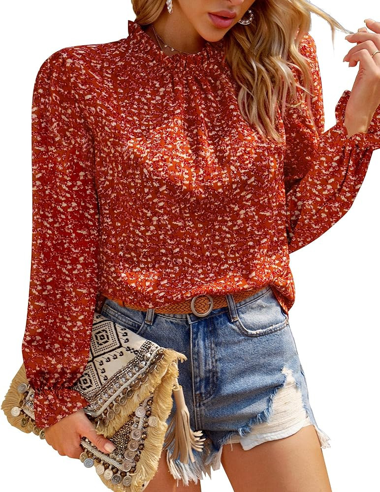 BTFBM Womens Long Sleeve Blouses Casual Boho Tops Frill Trim Mock Neck Floral Print 2024 Summer F... | Amazon (US)