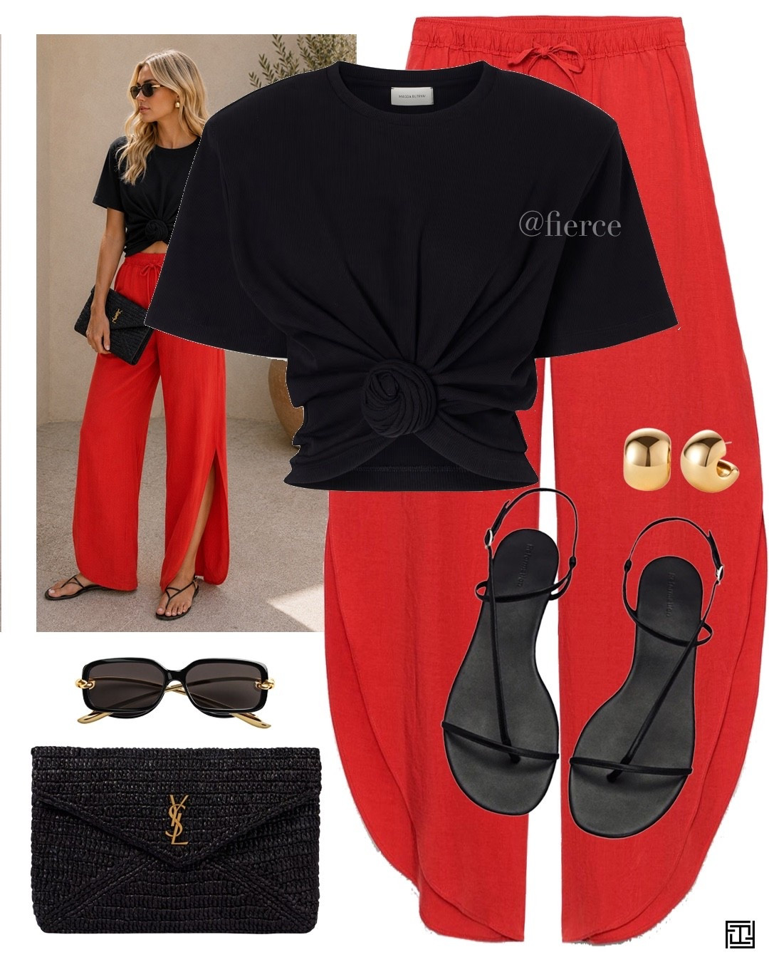 Red side vents pants black knot tshirt black minimalist flat sandals Ysl raffia clutch bag vacation weekend holiday look ltkUSA

#LTKuk #LTKsummer #LTKeurope