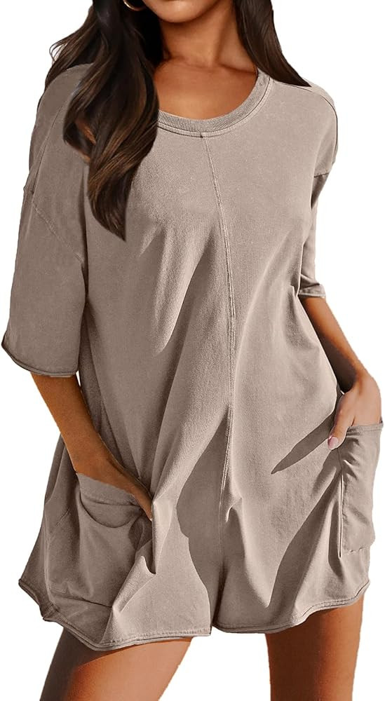 Womens Athletic Oversized Tee Romper Back V Neck Half Sleeve Onesie Romper Workout Overalls With ... | Amazon (US)