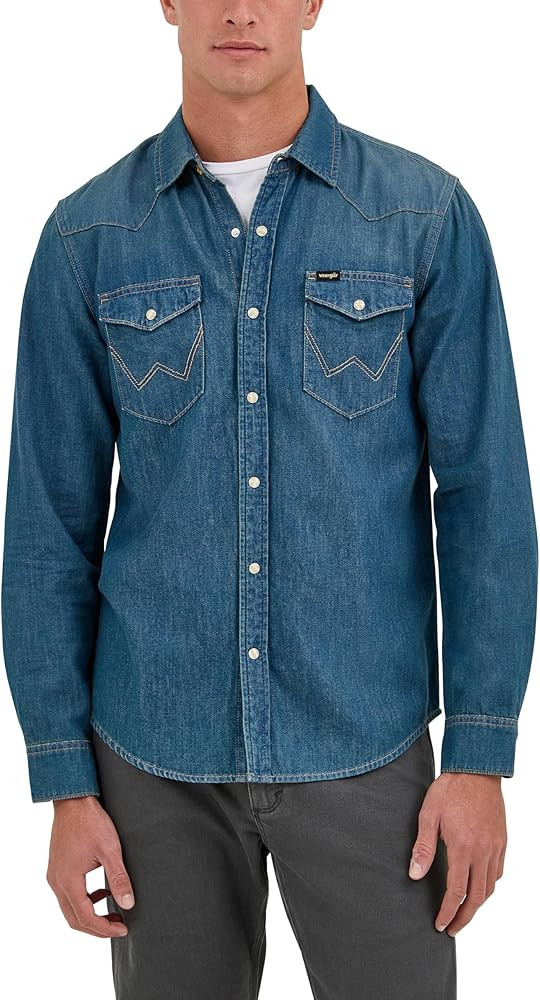 Wrangler Men's Iconic Denim Regular Fit Snap Shirt | Amazon (US)