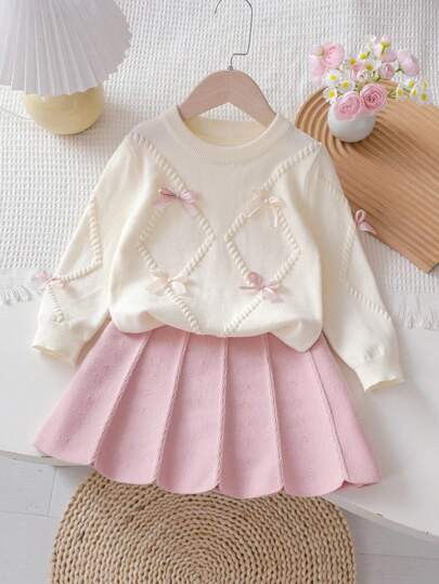 SHEIN Playful Pals 2pcs Young Girl Cute Long Sleeve Bow Decor Sweater And Pleated Skirt Set, Autu... | SHEIN