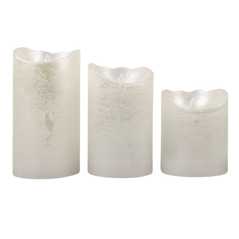 Set of 3 Pearl White Beveled Top Wax LED Pillar Candles, 4"/5"/6" | At Home