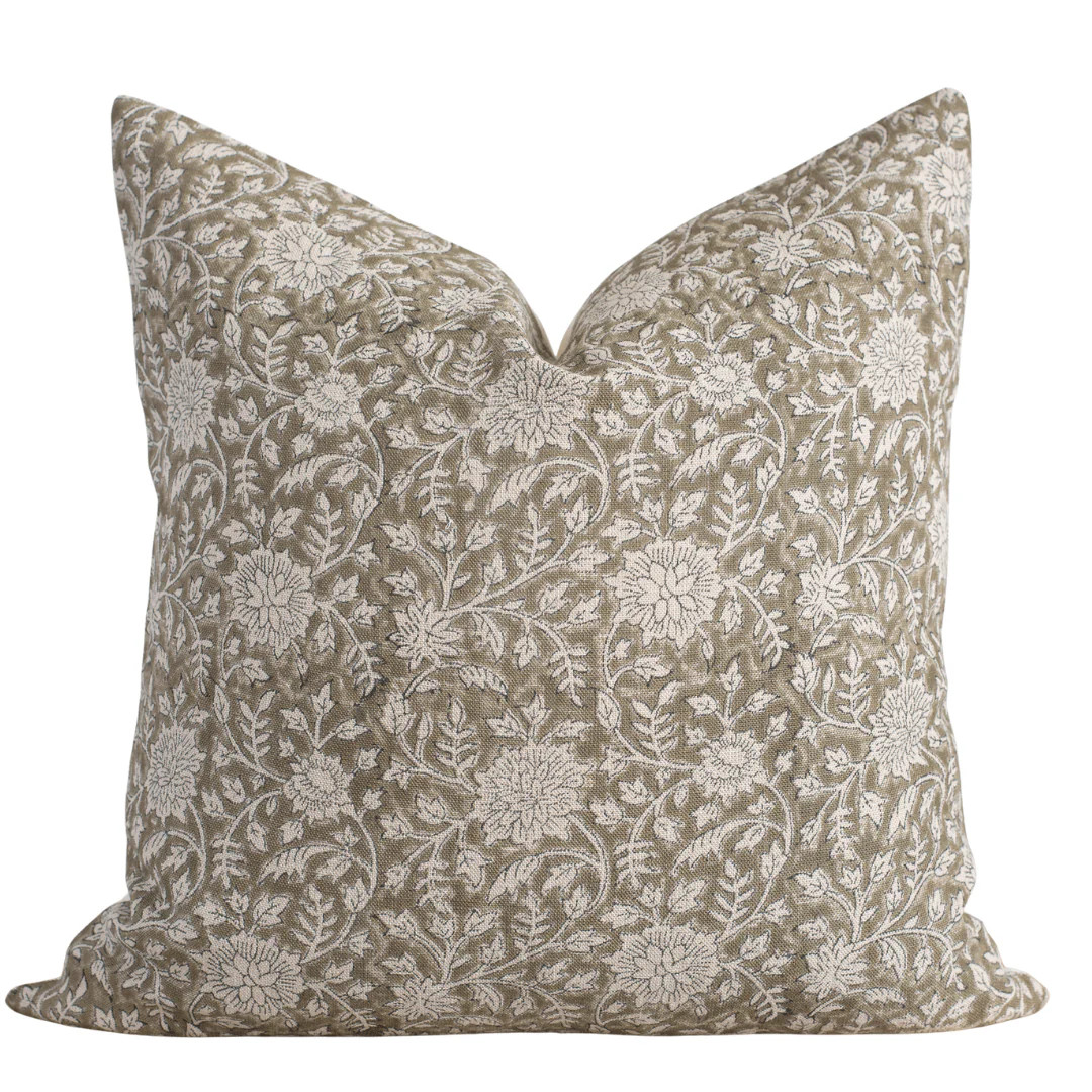 Leila Floral Block Printed Pillow Cover | Olive Green | Apartment No.3