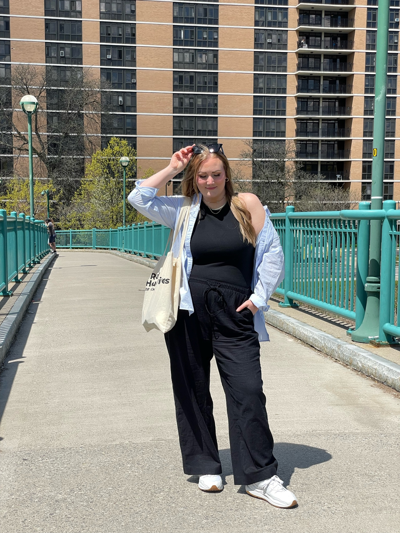 Casual everyday spring outfit inspo, black linen pants, rib knit tank, blue button down shirt, black sunglasses, white dad sneaker, tote bag. Casual outfit, spring outfit, mom outfit, everyday style, summer style  

#LTKSeasonal #LTKunder50 #LTKfit