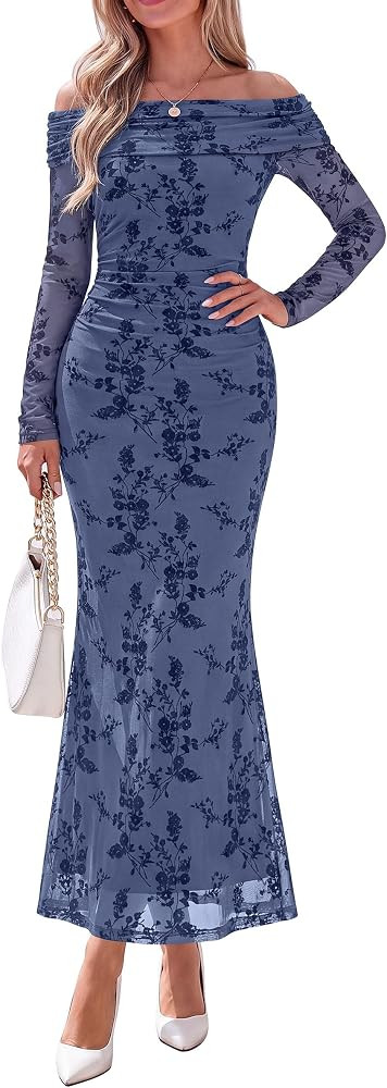 PRETTYGARDEN Womens Fall Off Shoulder Floral Maxi Wedding Guest Dress | Amazon (US)