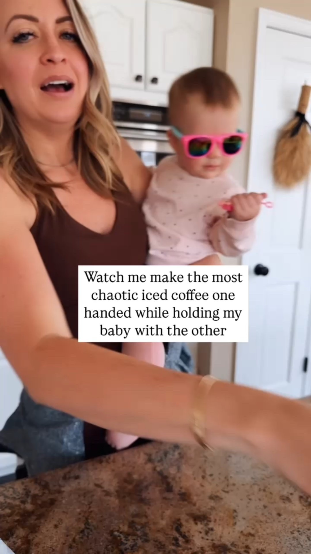 Chaotic one handed coffee making while holding a baby