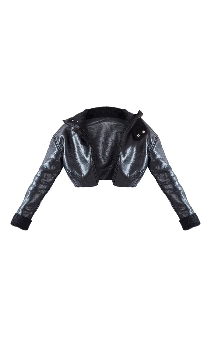 Black Faux Leather Borg Lined Super Cropped Aviator Jacket | PrettyLittleThing US
