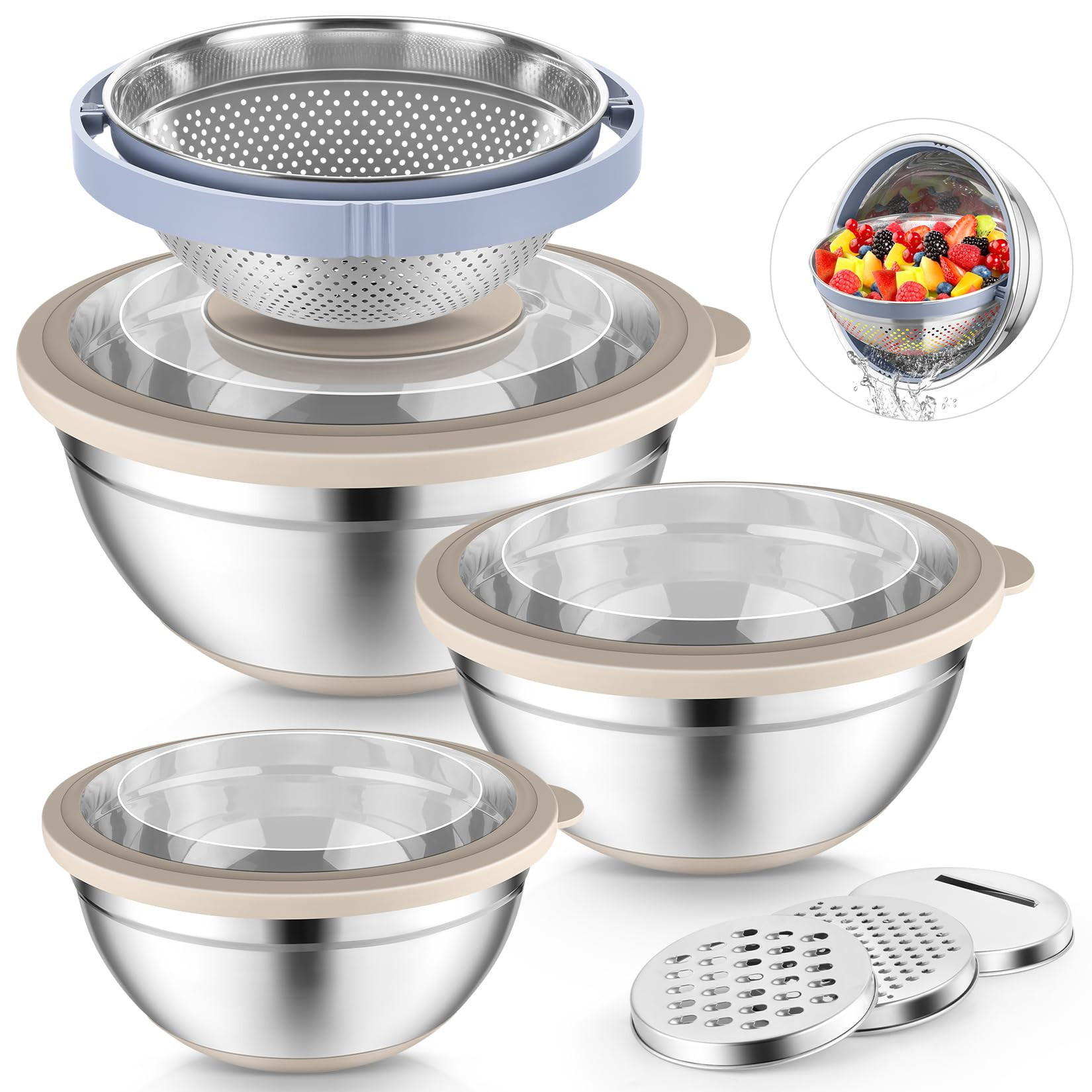 P&P CHEF Mixing Bowls with Lids Set of 3, Stainless Steel Mixing Bowl and Colander for Kitchen, 3... | Amazon (US)