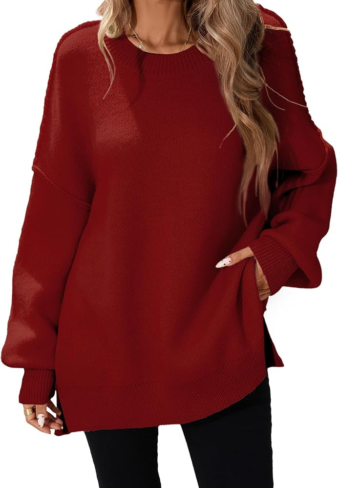 Womens Oversized Batwing Long Sweaters 2024 Fall Cute Outfits Crewneck Side Slit Ribbed Knit Pull... | Amazon (US)
