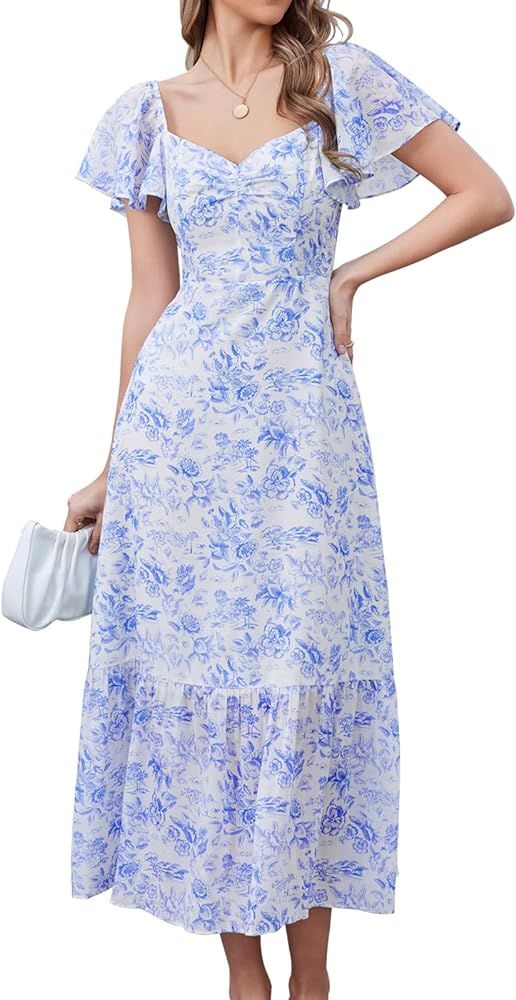 GLNEGE Women's 2024 Summer Short Sleeve Midi Floral Dresses Casual Boho Flowy Beach Dress Smocked... | Amazon (US)