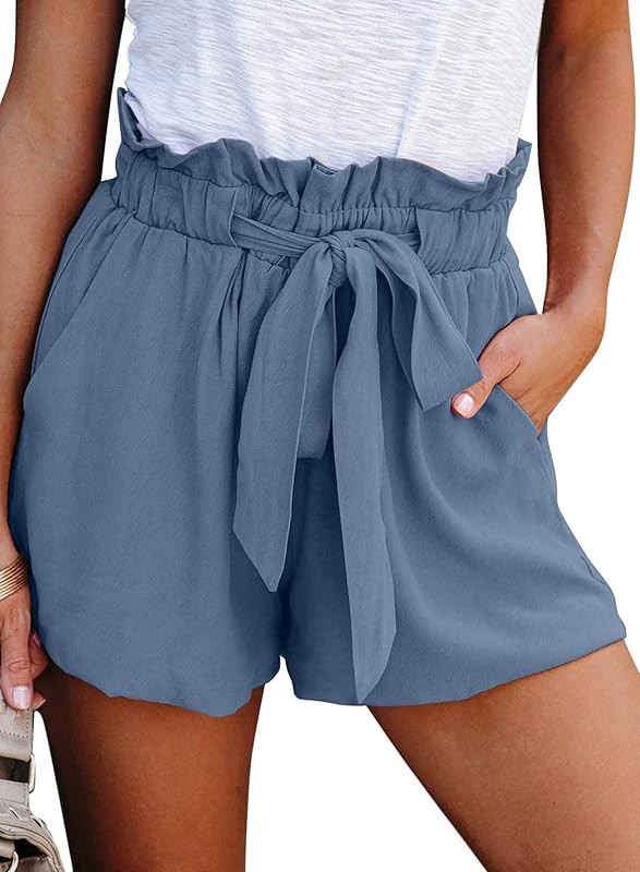 Dokotoo Womens Casual Summer Ruffle Belted Elastic Waist Shorts with Pockets | Amazon (US)