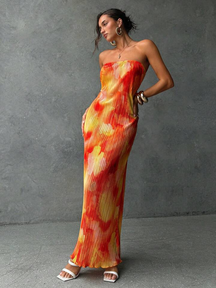 Aloruh Romantic Date Night Strapless Sleeveless Print Pleat Back Tie Up Dress For Women Ruched Floral Print Bodycon Dress For Women, Spring/Summer Fairycore,Sun Dress, Fairycore,Bohemia | SHEIN