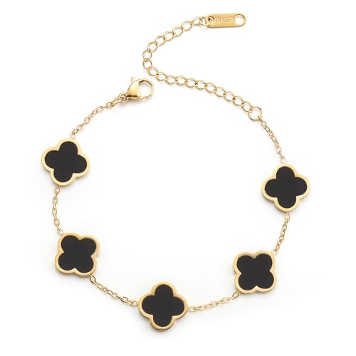 AIPPK 18K Gold Plated Clover Lucky Bracelet Van Cleef Bracelet Dupes for Women Black Flower Four Leaf Bracelets Trendy Jewelry Gifts for Women | Amazon (US)