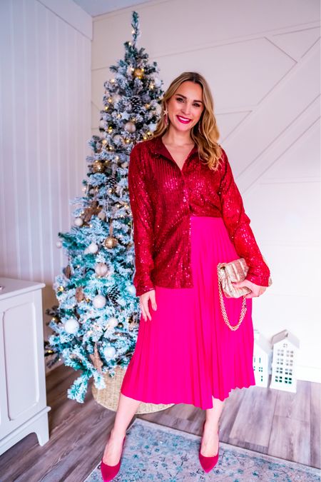 Pink sequin shirt and pleated skirt holiday outfit idea for women. Festive style  

#LTKfindsunder100 #LTKHoliday #LTKSeasonal