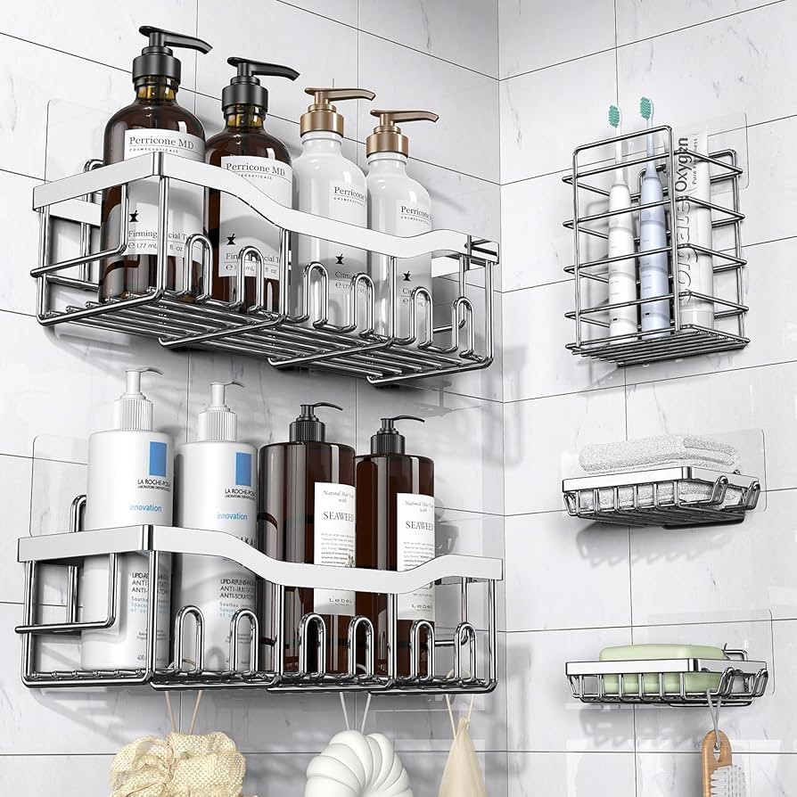 5-Pack Rustproof Stainless Steel Shower Caddy – No Drill Adhesive Bathroom Organizer with Large... | Amazon (US)