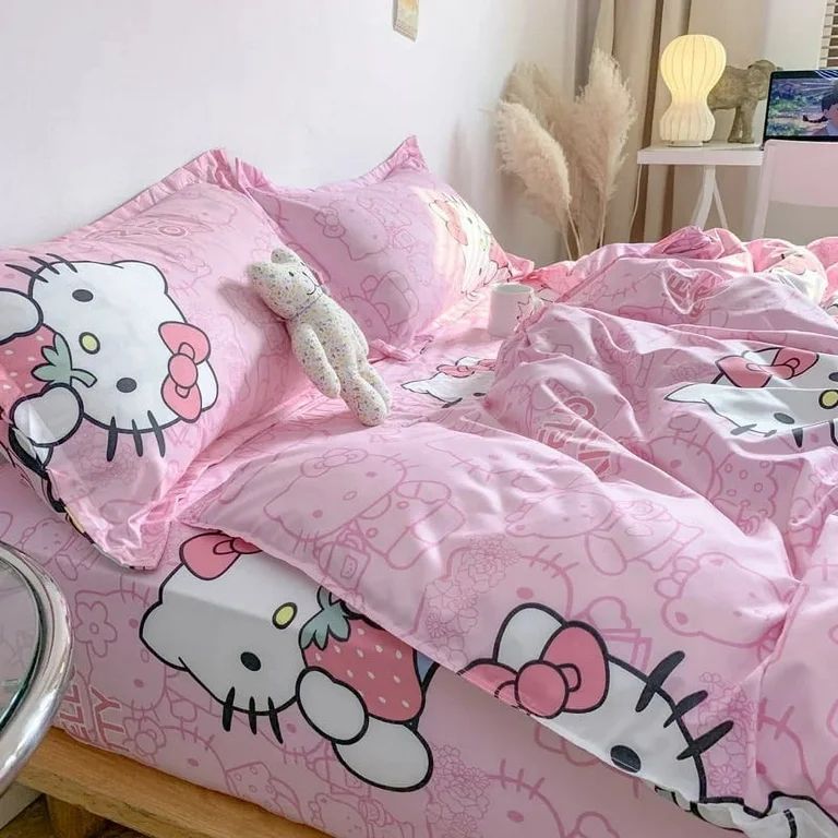 Cute Sanrio Hello Kitty Bedding Set Cotton Four Piece Bedding Double Pillowcase Bed Linens Girl D... | Walmart (US)