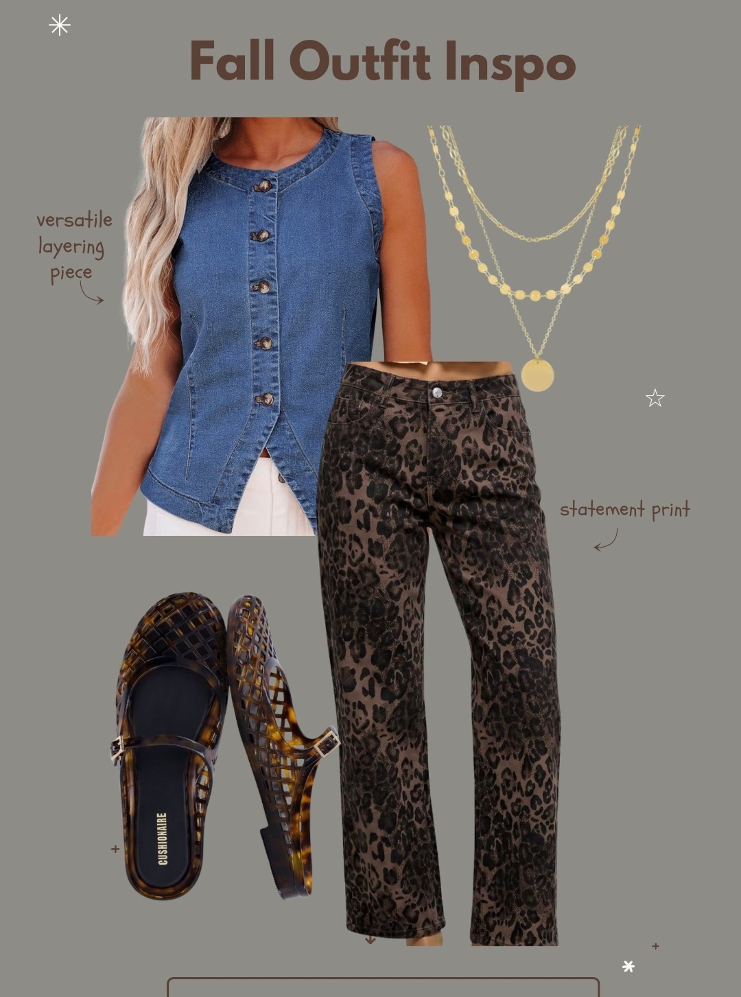 Early fall outfit 

Denim vest
Leopard print pants 
Jelly shoes 
Layered necklaces

#LTKSeasonal #LTKPetite #LTKMidsize