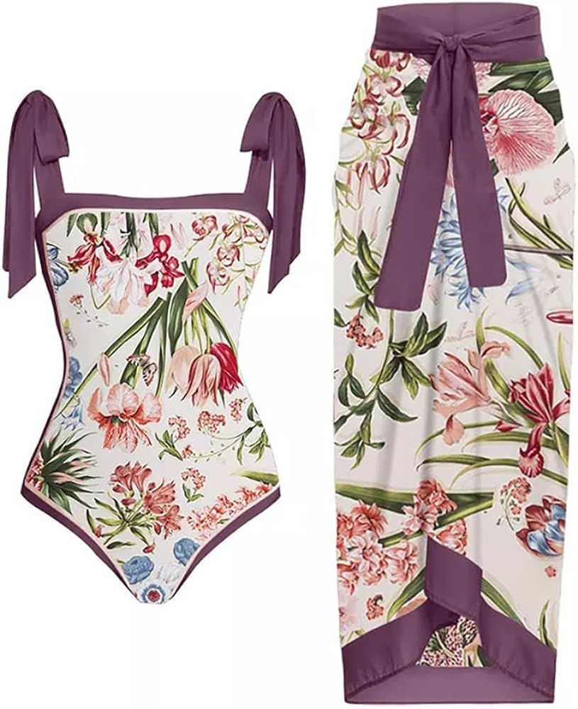 Women Retro Floral One Piece Swimsuit with Beach Cover Ups Long Wrap Skirt 2 Piece Bathing Suit Swim | Amazon (US)