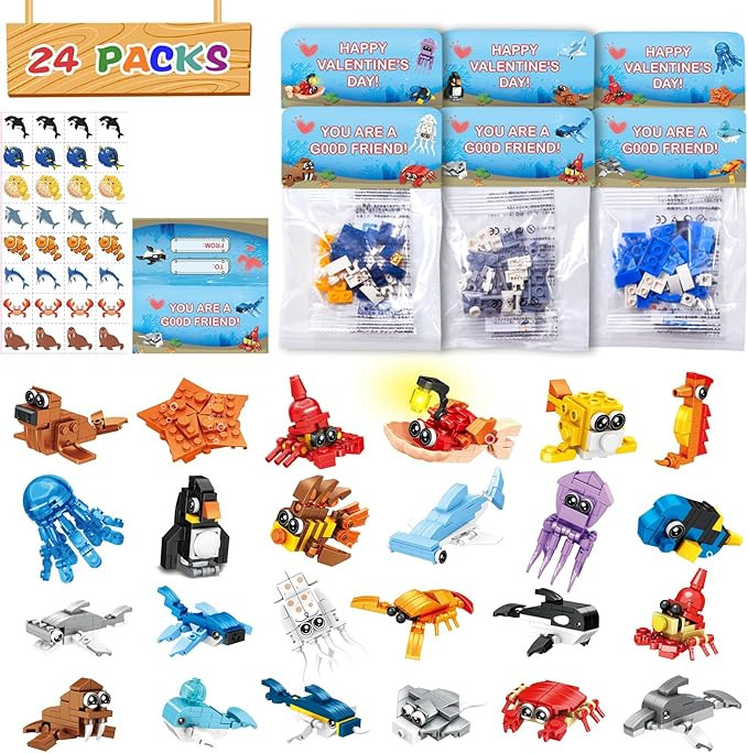 24 Packs Valentines Day Gifts for Kids School, Sea Animal Building Blocks Classroom, Class Gifts ... | Amazon (US)