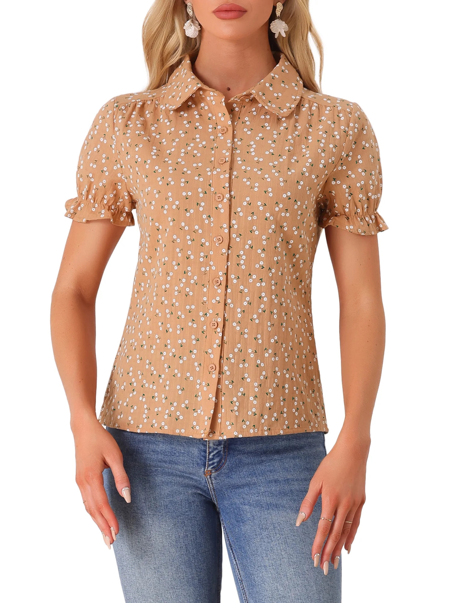 INSPIRE CHIC Women's Frilled Tops Bubble Sleeves Peter Pan Collar Floral Print Cotton Blouses M L... | Walmart (US)