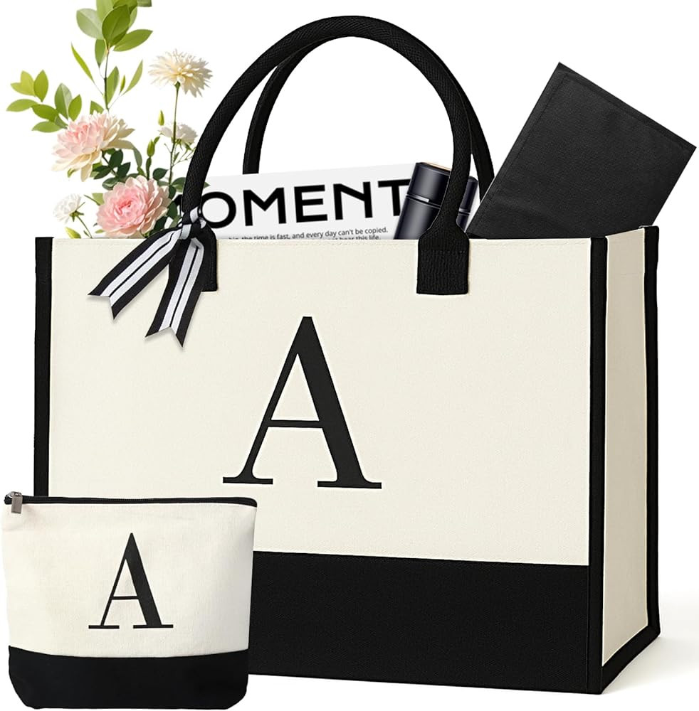 Amazon.com: GENGBIN Personalized Canvas Tote Bag, Monogrammed Gift with Zipper Pouch for Women (A... | Amazon (US)