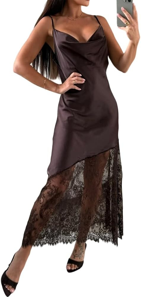 Women Elegant Satin Lace Trim Cowl Neck Spaghetti Strap Maxi Dress Backless Asymmetrical Hem Silk... | Amazon (US)