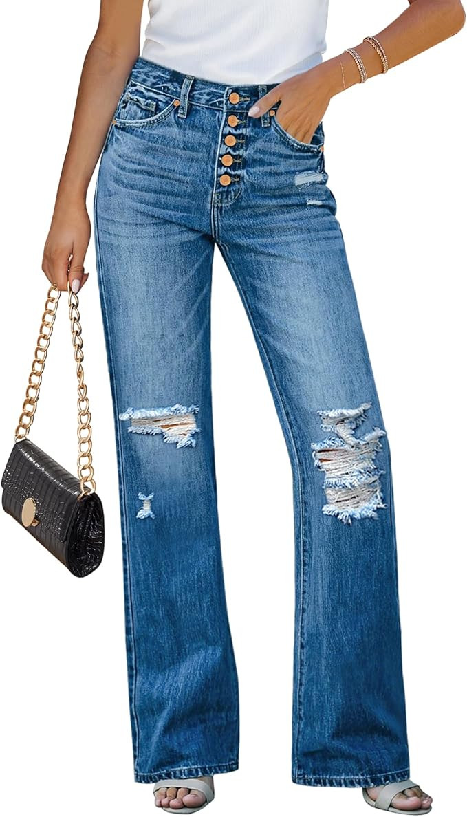 GRAPENT Ripped Jeans for Women High Waist Stretchy Button Fly Denim Flare Wide Leg Distressed Jea... | Amazon (US)