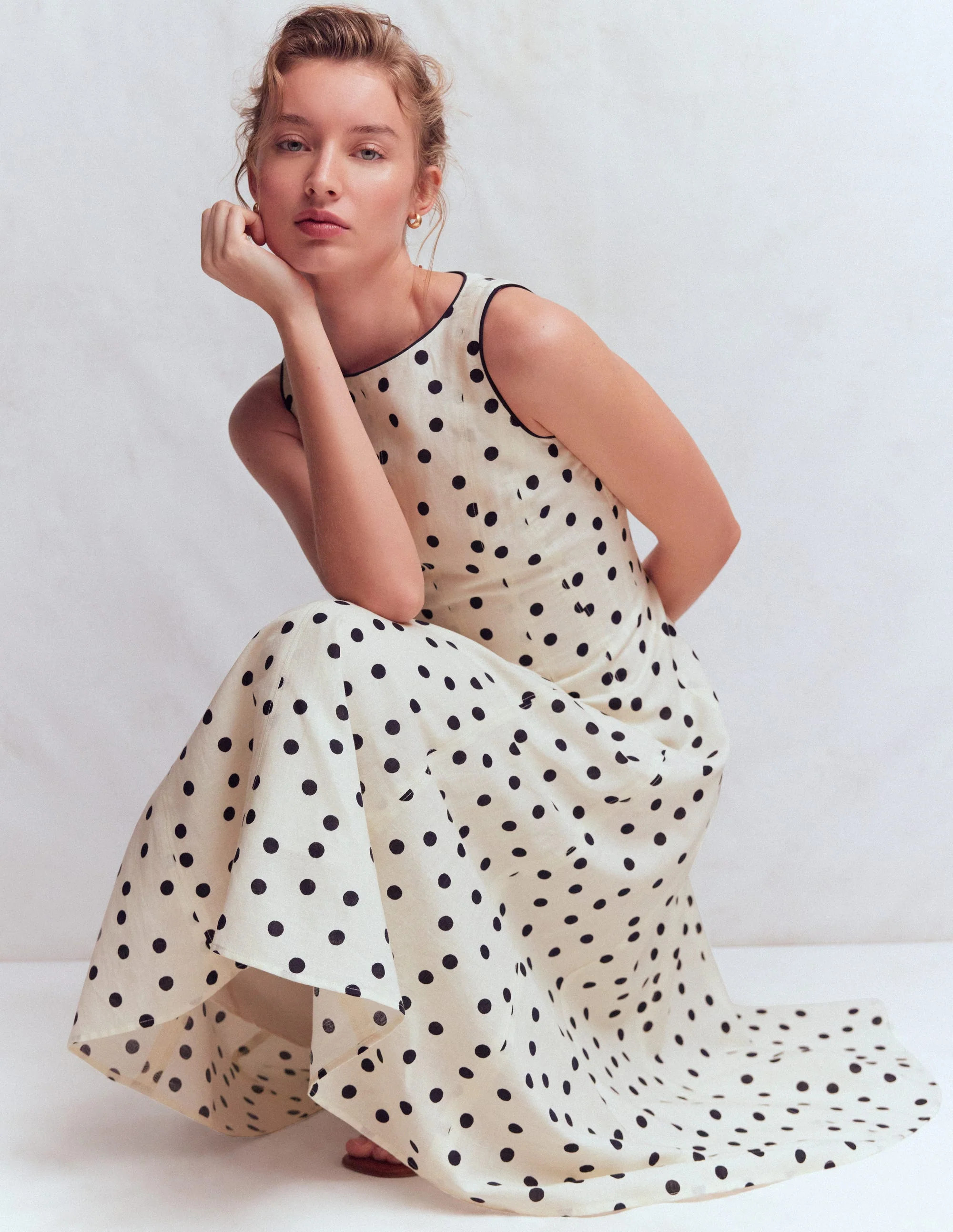 Annet Linen Blend Midi Dress-Ivory Painted Dot Spaced | Boden (US)