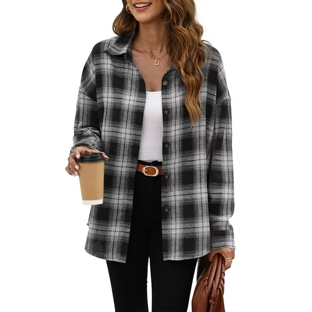 Fantaslook Plaid Flannel Shirts for Women Oversized Long Sleeve Button Down Shirts Blouses Tops | Walmart (US)