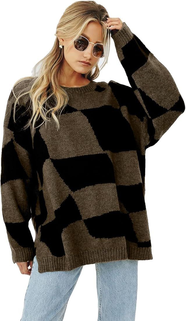 SHERRYRISE Woman's Plaid Color Block Knitted Pullover Sweater Long Sleeve Crew Neck Loose Jumper Top | Amazon (US)