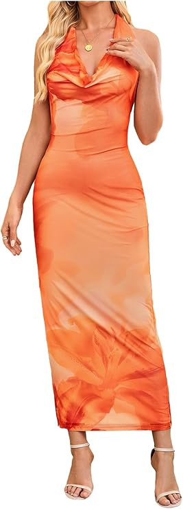 Amazon.com: SOLY HUX Women's Floral Halter Maxi Dress Draped Cowl Neck Backless Bodycon Wedding G... | Amazon (US)