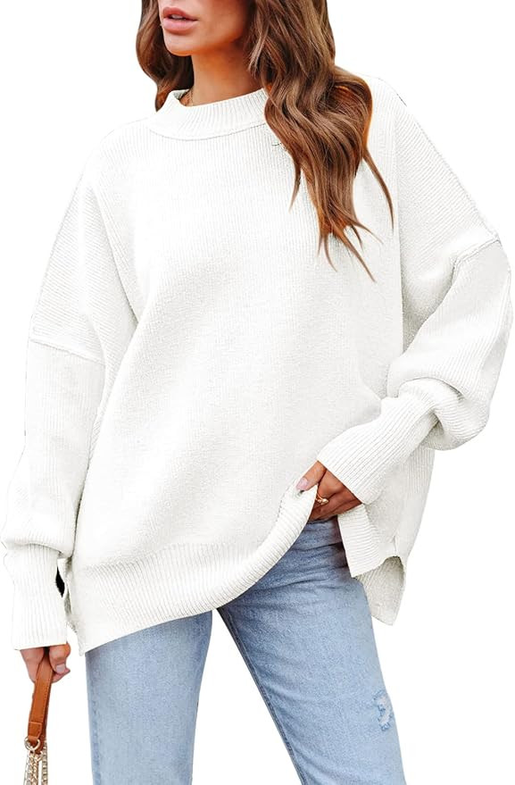 Women's 2023 Fall Casual Oversized Sweater Crewneck Batwing Sleeve Side Slit Ribbed Knit Pullover... | Amazon (US)