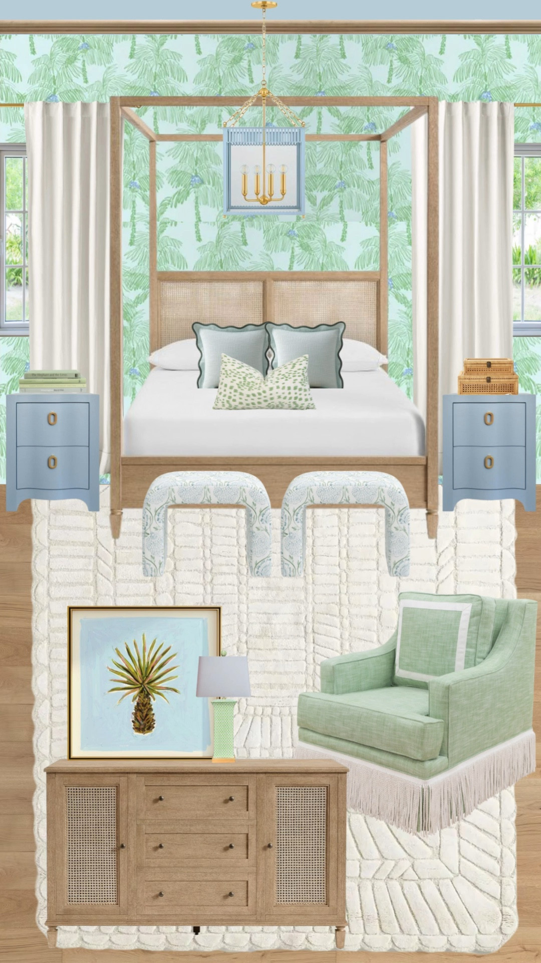 Palm Beach Bedroom of your dreams. Palms, florals, cane and more. 

Beachy bedroom. Coastal home. Wood dresser. Canopy bed. Blue and green bedroom  

#LTKHome