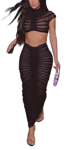 lovecarnation Sexy See Through Long Dress Knitted Sheer Mock Neck Crop Top and Maxi Skirt 2 Piece Outfits Sets Z0289 Black L | Amazon (US)