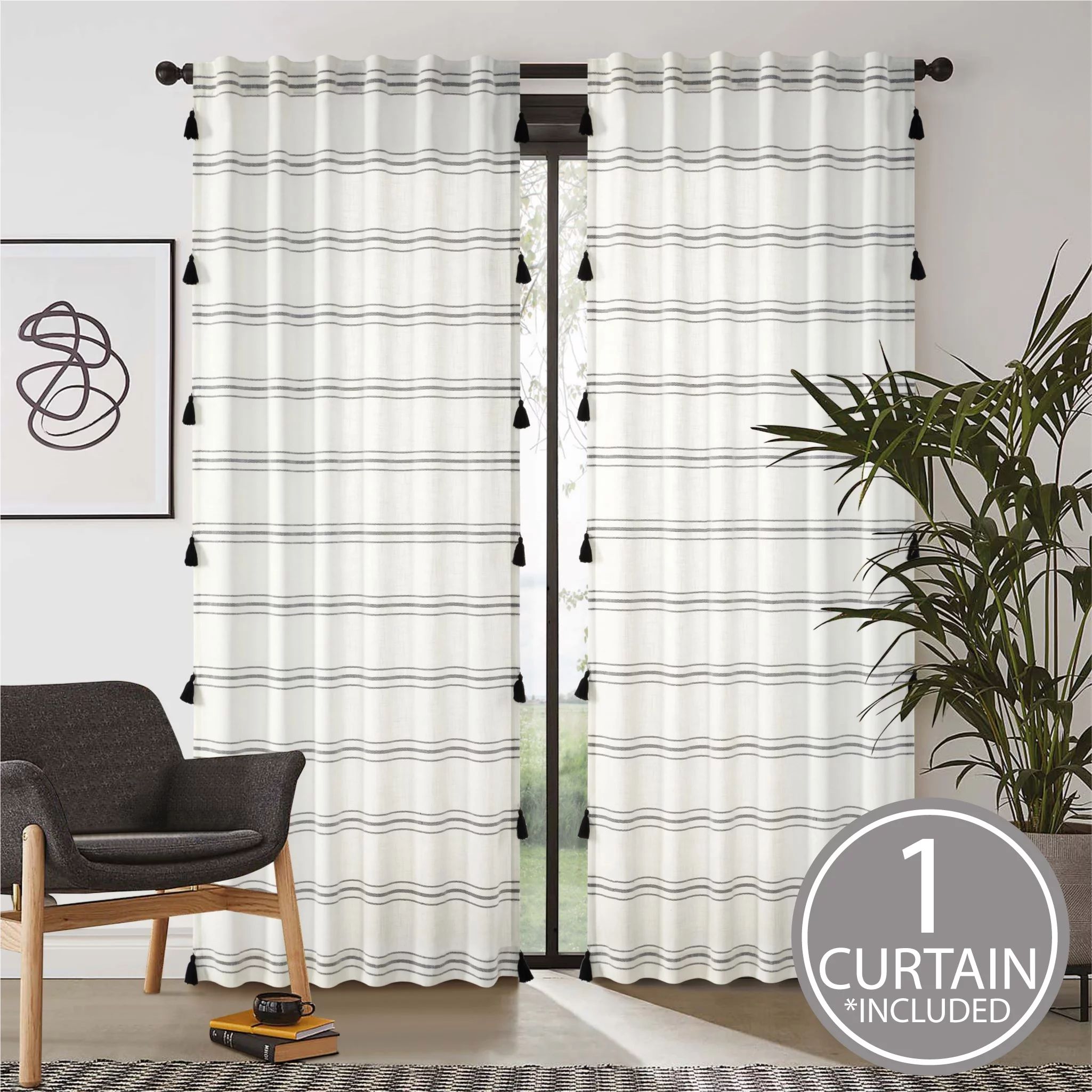 Better Homes & Gardens Poly-Cotton Light Filtering Stripe Tassels Panel Curtain, 50" x 95" inches... | Walmart (US)