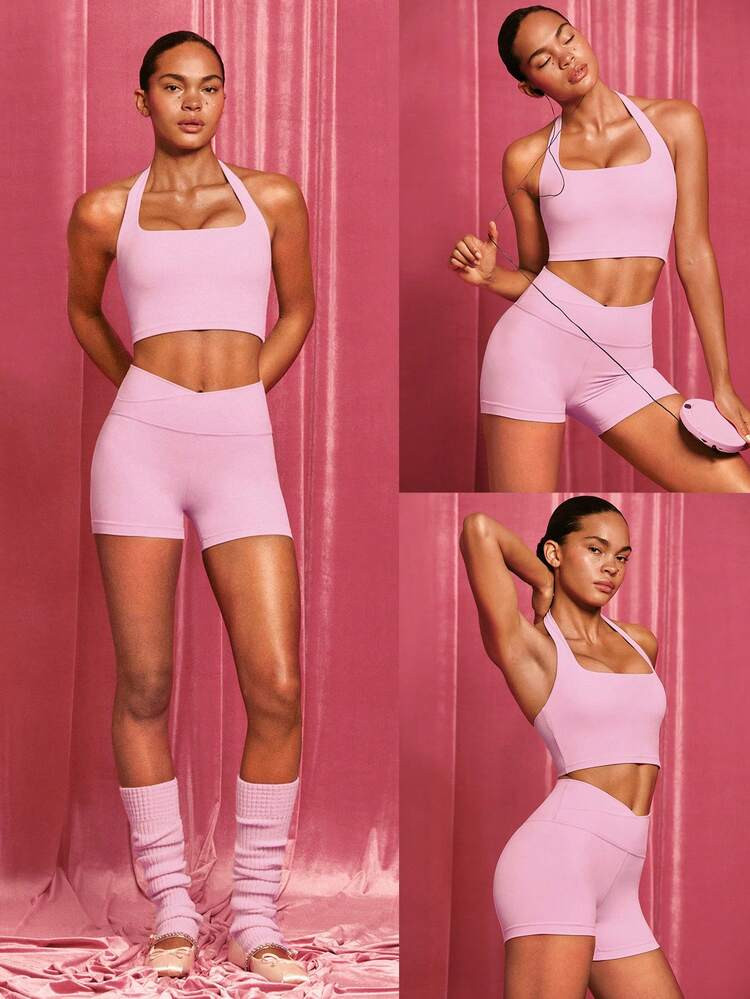 GLOWMODE 2 Pieces FeatherFit™-Sculpt Super Set Adjustable Halter Sports Tank Top & 4.3" Y-Shaped Butt Crossover Waist Active Shorts Set Medium Impact Workout Jogging Gym Training | SHEIN