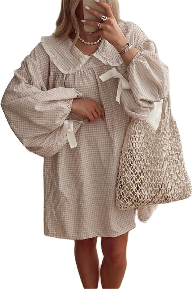 Women Y2K Gingham Babydoll Dress Puff Long Sleeve Plaid Mini Dress Peter Pan Collar Ruffle Short ... | Amazon (US)