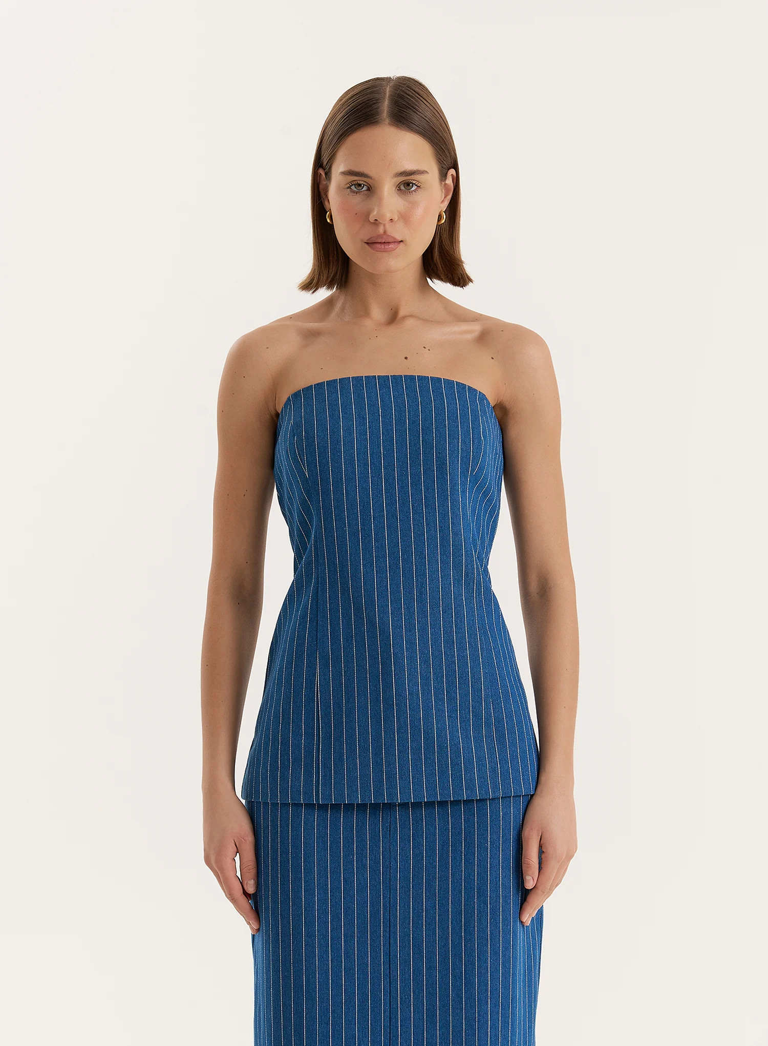 Blue Pinstripe Tailored Denim Corset- Dionne | 4th & Reckless