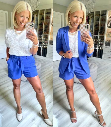 I’m in love with this color blue and the fact that these are dressy shorts!!!!!! Wearing size small in everything! Shoes are TTS. 

#LTKunder50 #LTKSeasonal #LTKFind