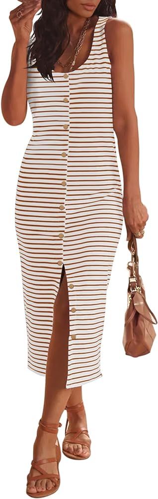 MEROKEETY Women's Summer Sleeveless Striped T Shirt Tank Midi Dress Casual Scoop Neck Bodycon Dre... | Amazon (US)